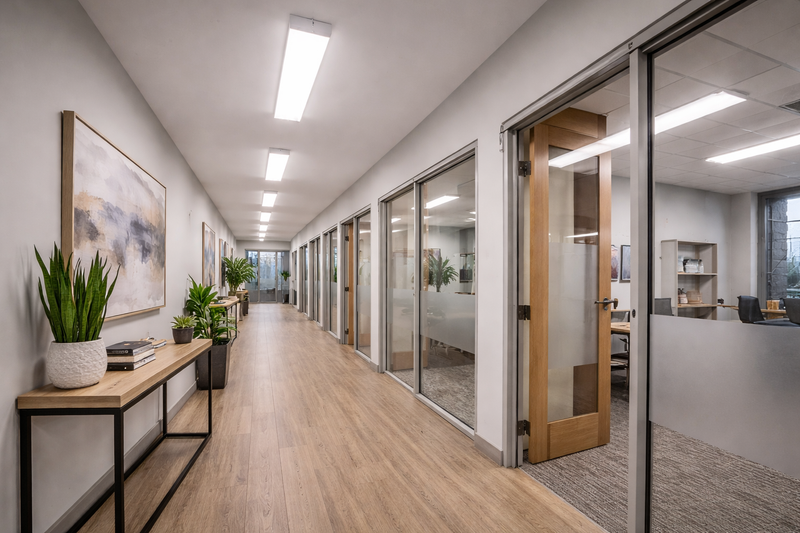 LED wraparound lights illuminating a commercial office hallway with continuous, uniform corridor lighting