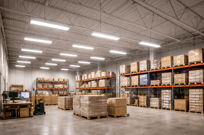 Linear LED high bay lights illuminating a commercial warehouse with uniform, high-output lighting for safe and efficient operations