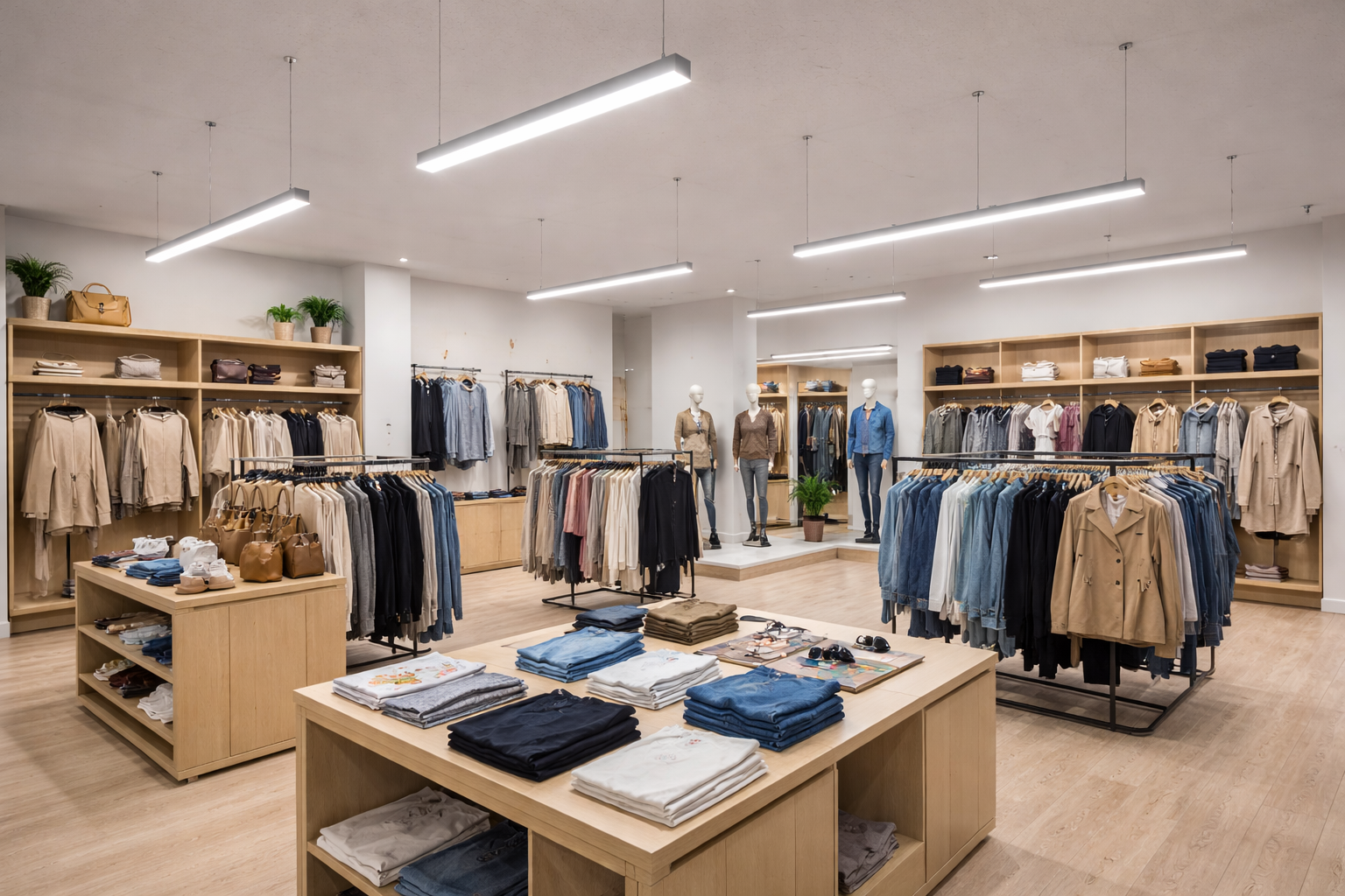 Linear LED pendant lights illuminating a commercial retail store with evenly distributed light over merchandise displays