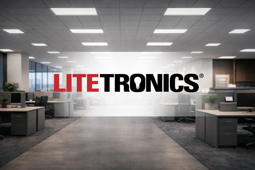 Litetronics LED panel troffer lighting used in a modern commercial office environment