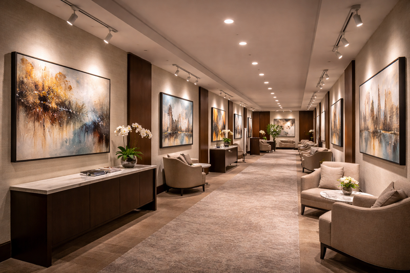 MR16 LED bulbs providing focused accent lighting in a commercial hotel gallery corridor with recessed and track-mounted fixtures