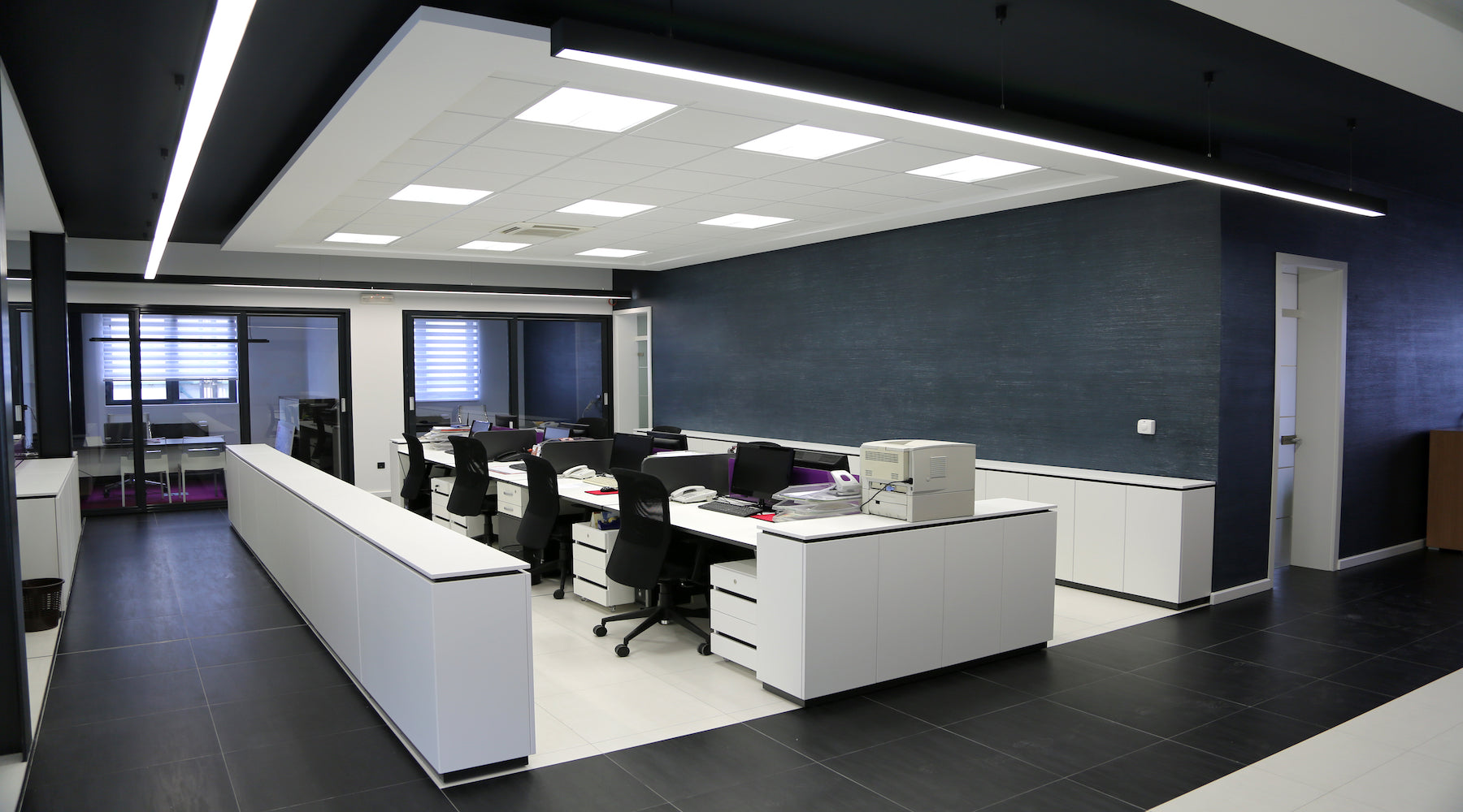 Office lighting installed in office with modern style drop ceiling
