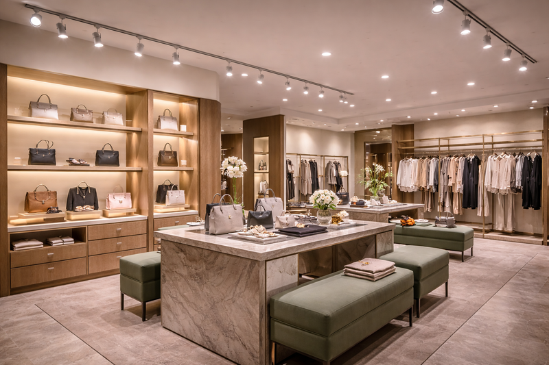 PAR16 LED bulbs providing focused accent lighting in an upscale commercial retail interior with track-mounted fixtures highlighting merchandise displays