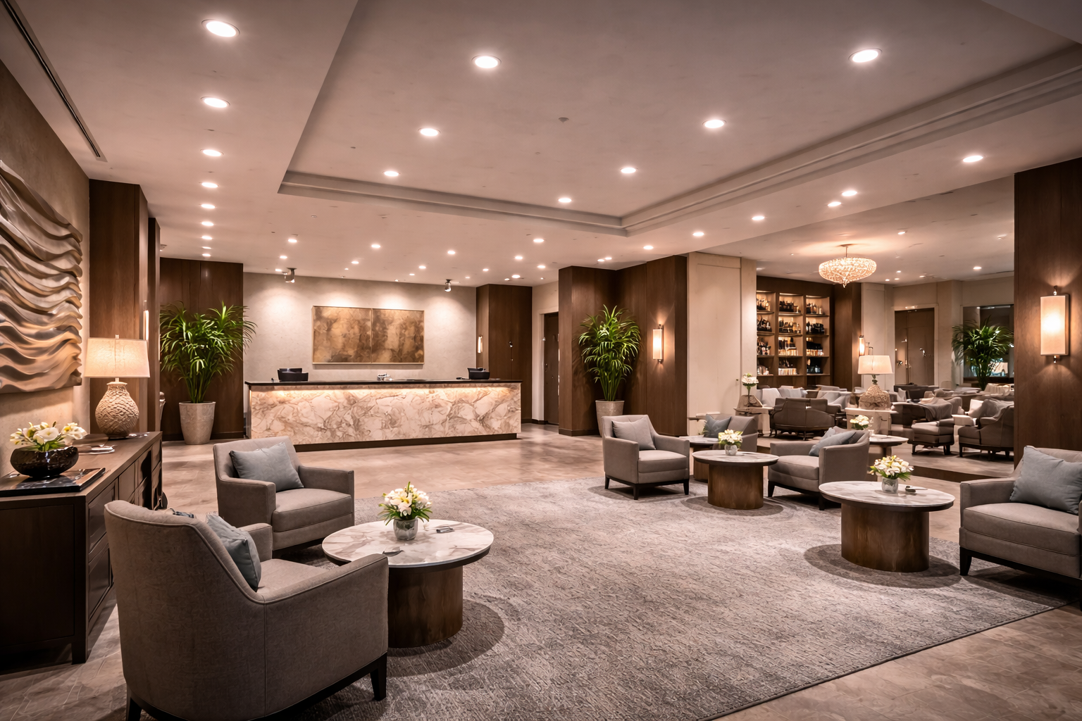 PAR30 LED bulbs providing wide-beam recessed lighting in a commercial hotel lobby with seating areas and ambient architectural illumination