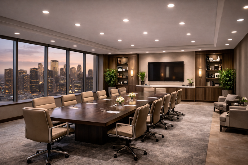 PAR38 LED bulbs providing wide-beam recessed lighting in a commercial executive conference room with high ceilings and evenly illuminated work surfaces