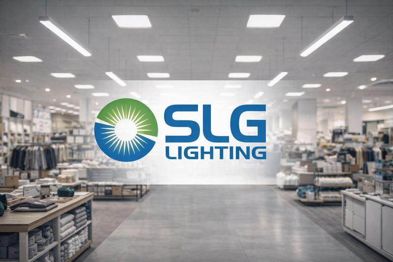 SLG Lighting LED linear pendant lights, LED panel lights, and center basket LED troffers used in a modern commercial retail environment