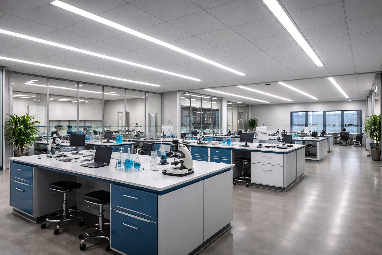 T5 LED tube lighting installed in a modern commercial laboratory workspace with evenly illuminated workbenches and ceiling-mounted linear fixtures