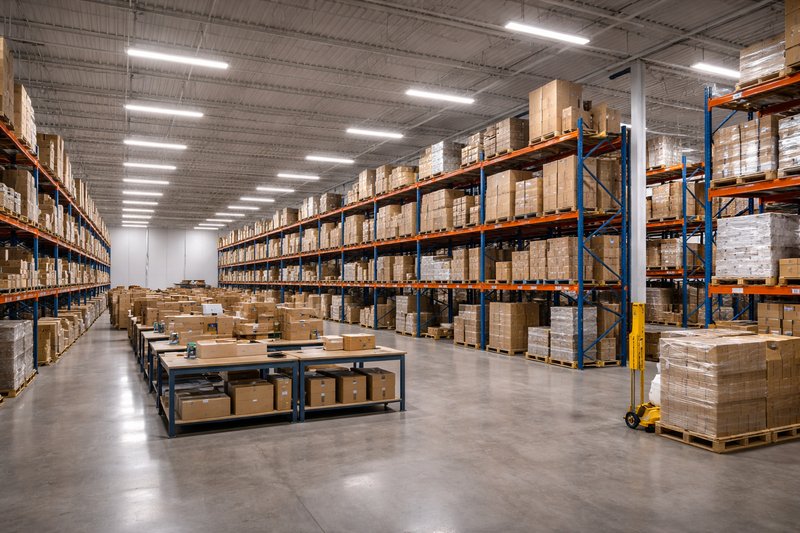 T8 LED tube lighting installed in a large commercial warehouse with high ceilings, organized shelving aisles, and evenly illuminated work areas