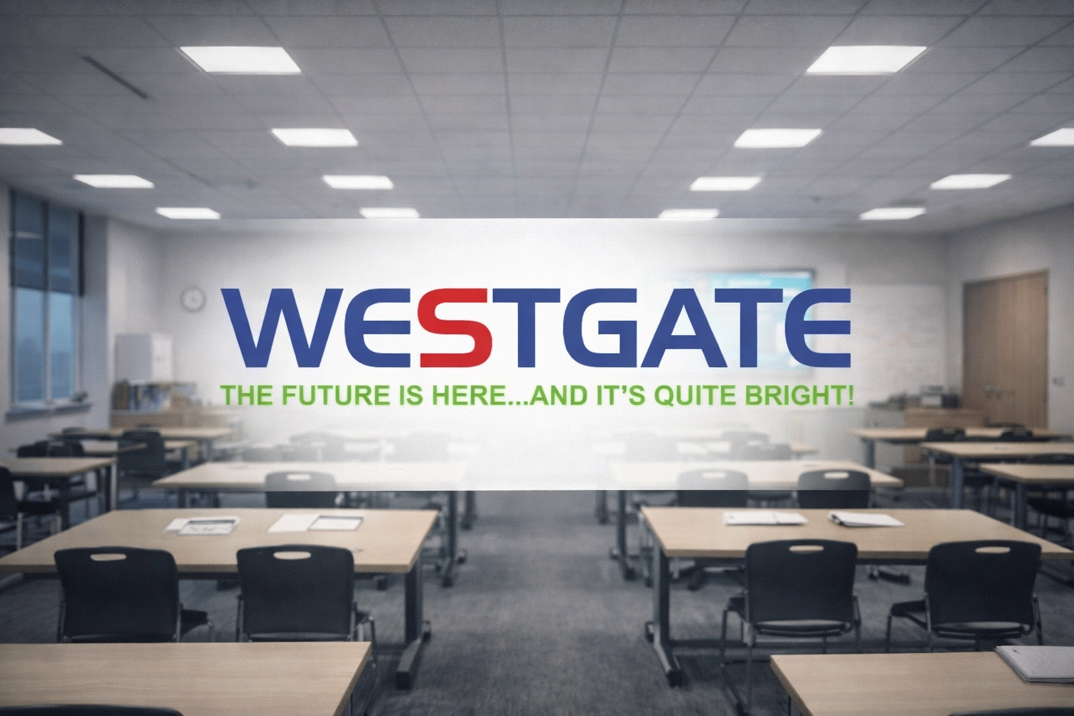 Westgate Manufacturing LED panel lights illuminating a modern commercial classroom environment