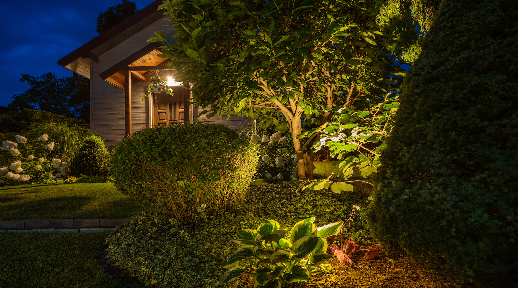 Yard lighting installed in garden at the back of a house illuminating landscaping