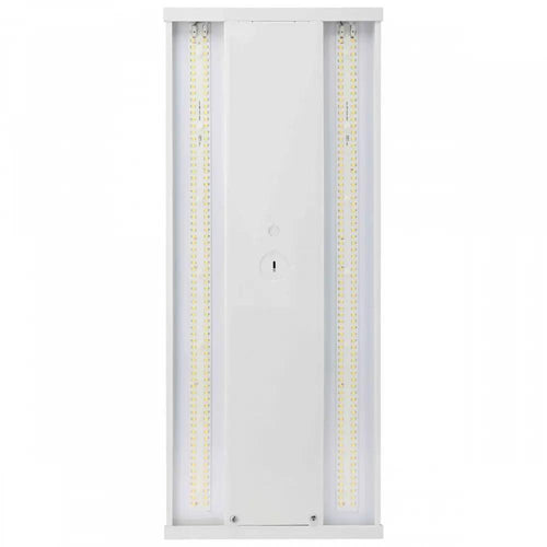 1×2 LED high bay fixture with narrow rectangular housing for aisle and task lighting; 120–277V input, 0–10V dimming, 90W output (12,200 lumens).