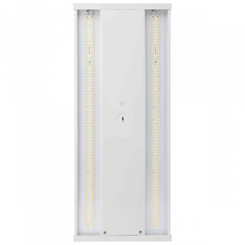 1X2 LED High Bay with rectangular white object, keyhole, and black lines. Provides 12200 lumens of light output. Ideal for commercial, industrial, and retail applications. 10-year warranty.
