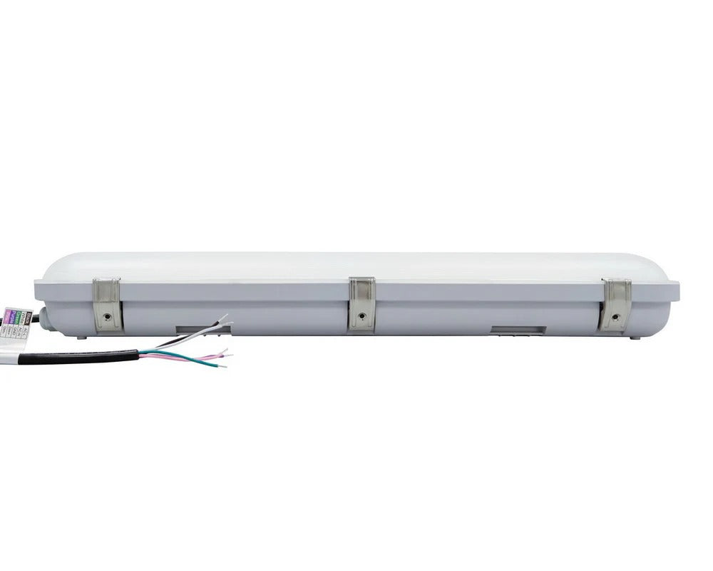 2ft LED vapor tight light side view showing stainless steel latches and the end-mounted power cord on a compact sealed fixture body for wet/dusty locations; 120–277V input with 0–10V dimming, 12/15/18/22/25W selectable delivering 1,560–3,250 lumens with 3500K/4000K/5000K/5700K/6500K CCT options.