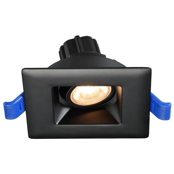 A Lotus LED Lights 2" Gimbal Recessed Light with a sleek black square fixture and blue handles. Provides 430 lumens of light output and is easy to install. Perfect for sloped ceilings and highlighting artwork.