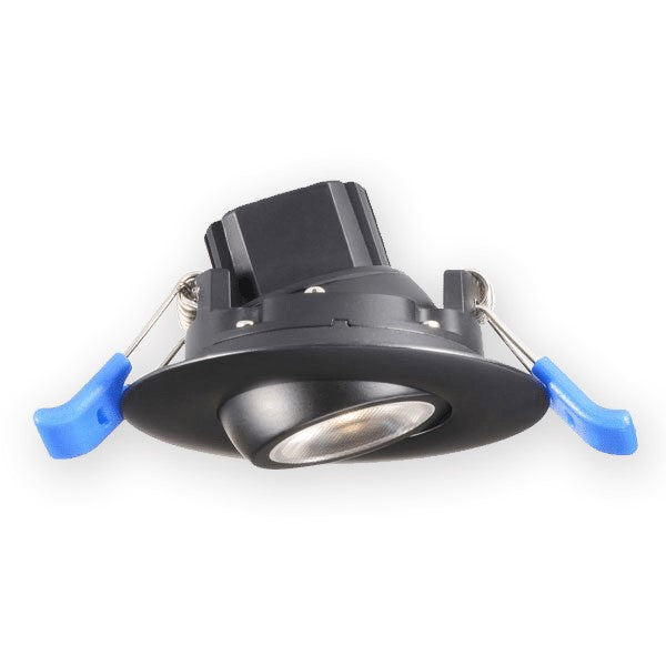 A sleek black and blue 2 Inch LED Gimbal Recessed Lighting fixture by Lotus LED Lights. Provides 340 lumens of light output, with a slim design that requires no housing. Perfect for sloped ceilings and highlighting artwork.