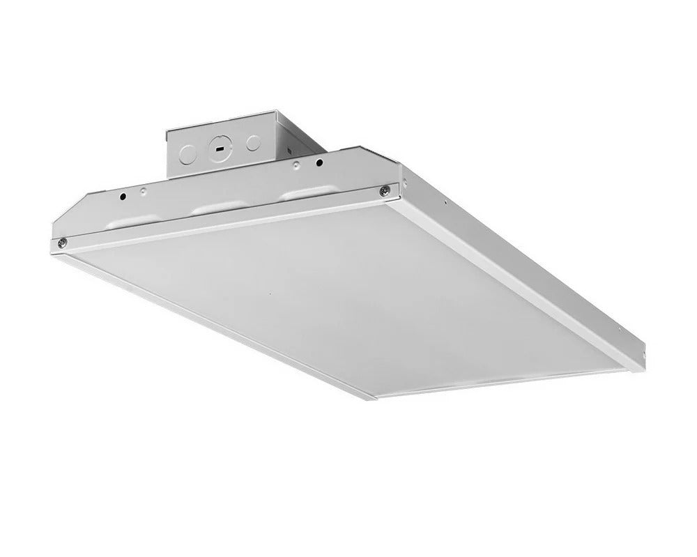 2-foot LED linear high bay fixture with compact housing and diffused lens for high-ceiling applications; 120–277V input, 0–10V dimming, 110/135/160W options (13,500–21,600 lumens) with 3500K/4000K/5000K color settings.