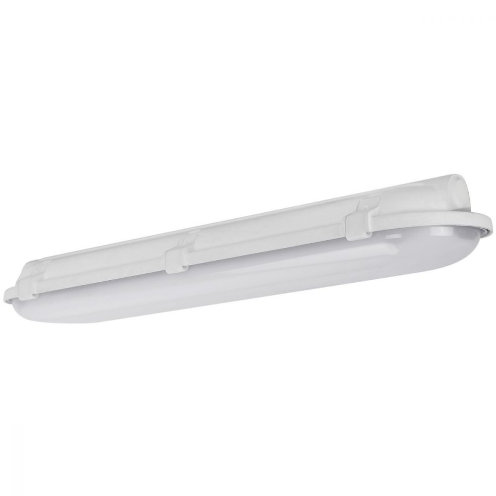 2-foot LED vapor tight fixture with sealed lens and compact housing for damp and washdown spaces; 120–277V input, 0–10V dimming, IP65-rated, 30W output (3,430 lumens).