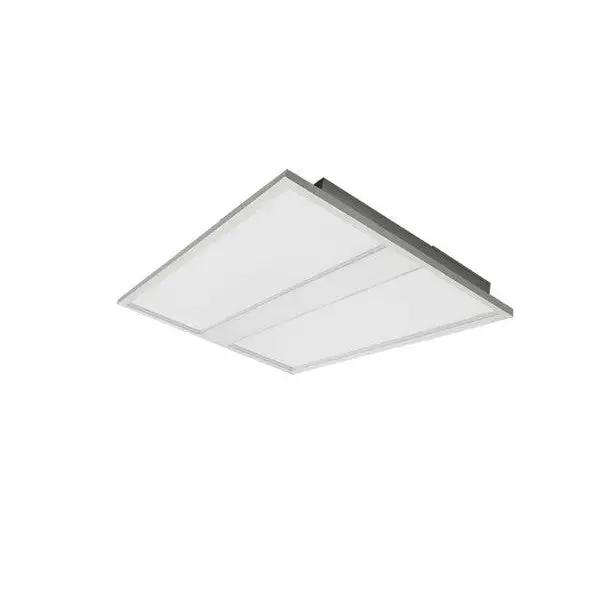 A white rectangular LED drop ceiling light fixture with earthquake hooks and suspension hooks pre-installed. Provides 2750 to 3850 lumens of multi-cct selectable white light. 23.75"L x 23.75"W x 1.75"H. UL Listed. 5-year warranty.