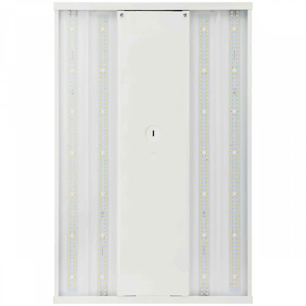 A white rectangular LED light with high efficiency and a polycarbonate lens. Provides 24200 lumens of light output. Ideal for commercial, industrial, and retail applications.