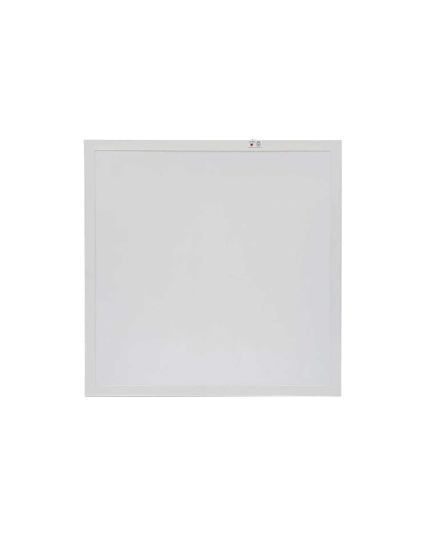 Front view of a 2×2 LED drop-ceiling fixture showing the emergency backup test switch on the top edge, with integrated sensor receptacle; 120–277V input, 0–10V dimming capable, wattage-select 15/20/25/30/40W and CCT-select 3500K/4000K/5000K/5700K/6500K, delivering 1,950–5,000 lumens.