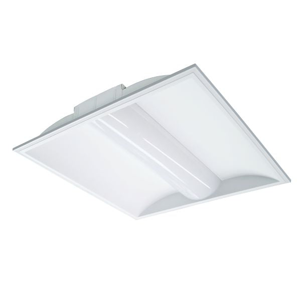 A white 2x2 LED light fixture drop ceiling with integrated motion sensor. Provides 3072 lumens of light output. Ideal for commercial applications.