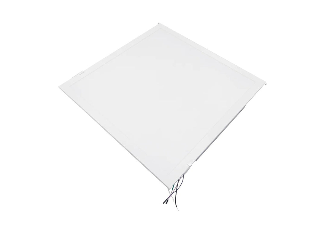 2×2 LED flat panel retrofit (installed appearance) showing the completed panel lens and frame seated in a drop ceiling grid; 120–277V input, 0–10V dimming, 15/20/25/30/40W selectable delivering 1,950–5,000 lumens with selectable 3500K/4000K/5000K/5700K/6500K.