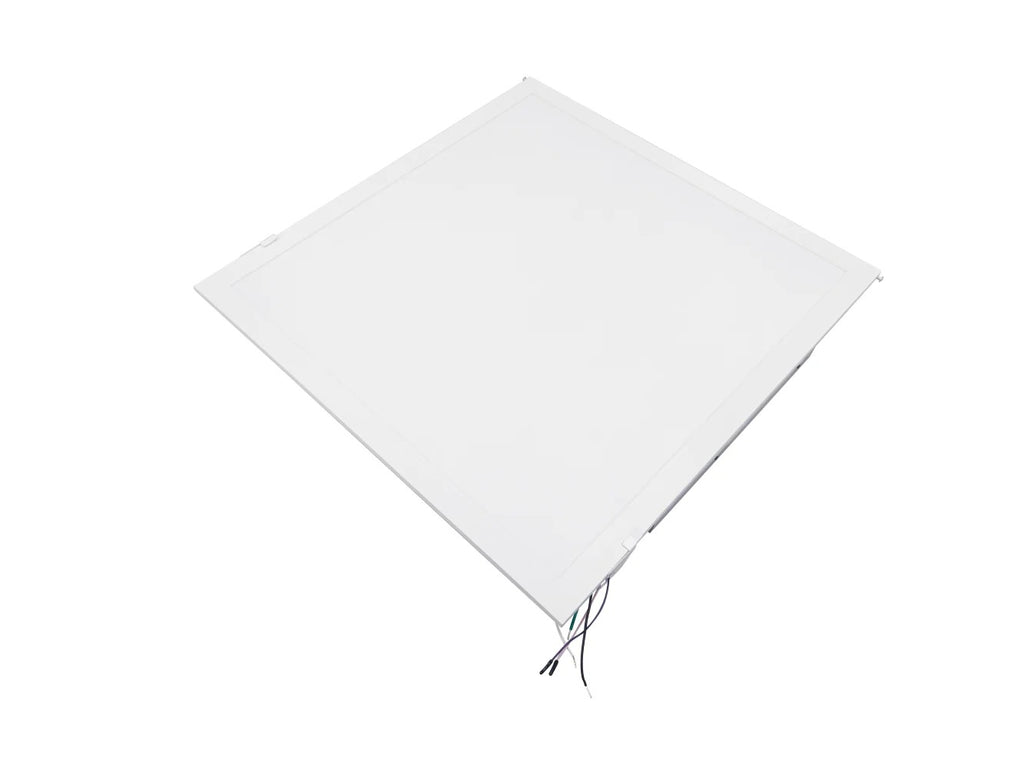 2×2 LED flat panel retrofit (installed appearance) showing the completed panel lens and frame seated in a drop ceiling grid; 120–277V input, 0–10V dimming, 15/20/25/30/40W selectable delivering 1,950–5,000 lumens with selectable 3500K/4000K/5000K/5700K/6500K.