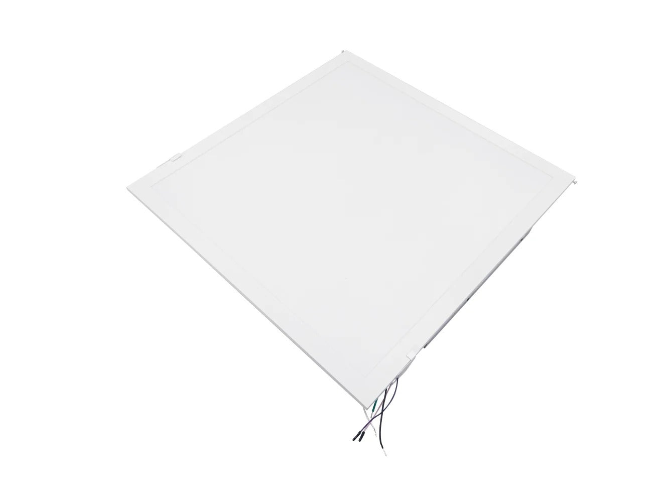 2×2 LED flat panel retrofit (installed appearance) showing the completed panel lens and frame seated in a drop ceiling grid; 120–277V input, 0–10V dimming, 15/20/25/30/40W selectable delivering 1,950–5,000 lumens with selectable 3500K/4000K/5000K/5700K/6500K.