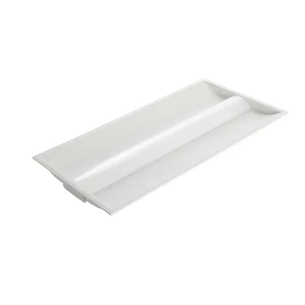 A white rectangular 2x4 LED light fixture drop ceiling with a light bulb on it. Ideal for commercial applications like office buildings, schools, hospitals, and retail stores. 4271 lumens, 36 Watts, dimmable, UL Listed, DLC Standard Listed, integrated motion sensor.