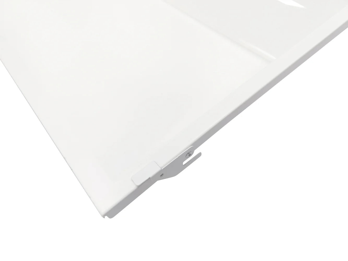 Close-up edge detail of the 2×2 LED troffer retrofit kit showing the T-grid clip and frame lip that aligns the retrofit assembly in a drop ceiling; 15/18/20/25/28W, 1,950–3,500 lm, 3500K/4000K/5000K/5700K/6500K, 0–10V dimming, 120–277V.