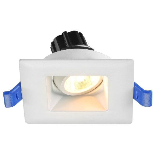 3" Gimbal Recessed Light: A sleek, modernistic white square fixture with blue handles. Provides 620 lumens of light output.