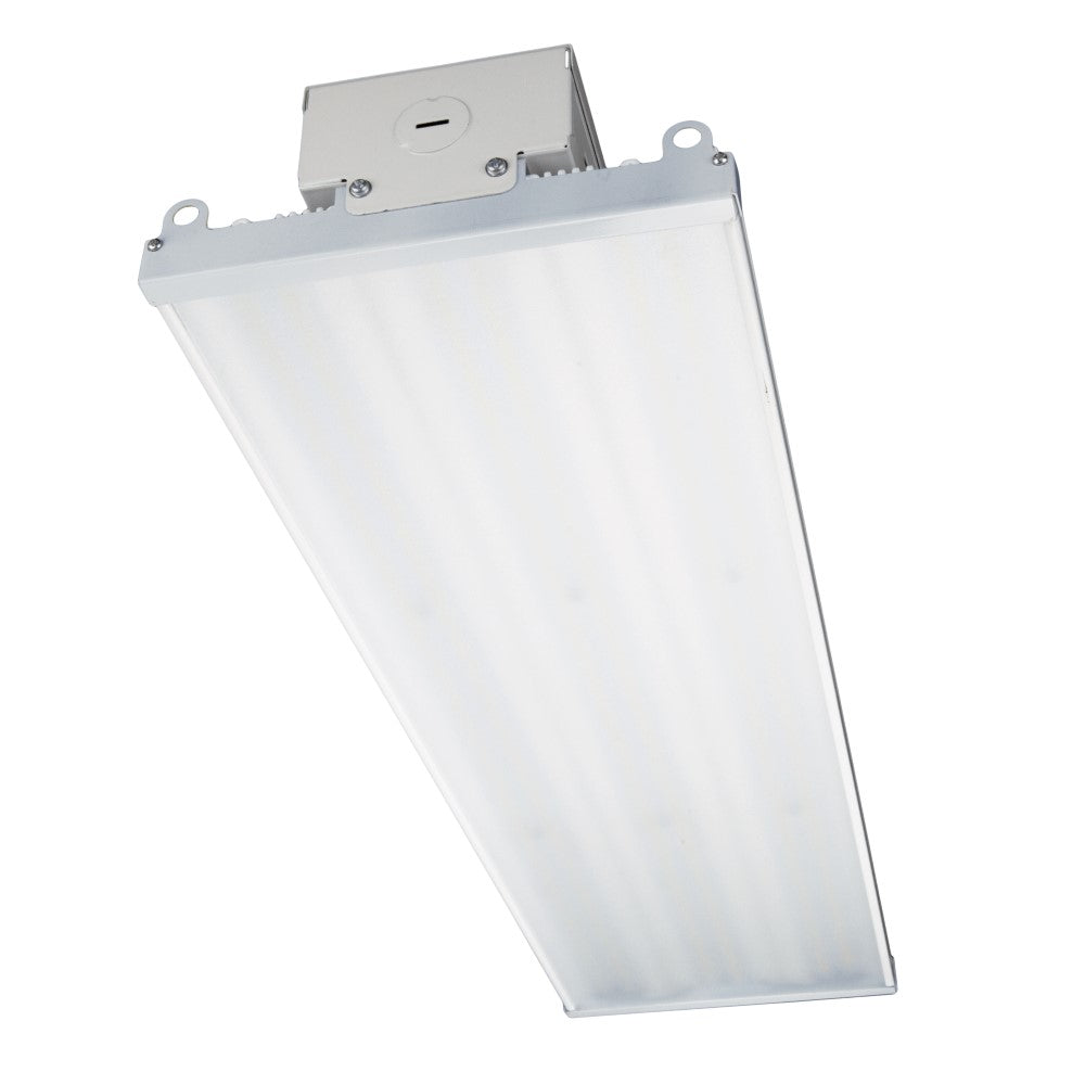 A white rectangular LED light fixture with a black line in a circle and a close-up of a coin slot. This 4 Foot High Bay LED Light by TCP provides 44550 lumens of long-lasting light output. Quick to install and durable, it is a versatile solution for various applications.