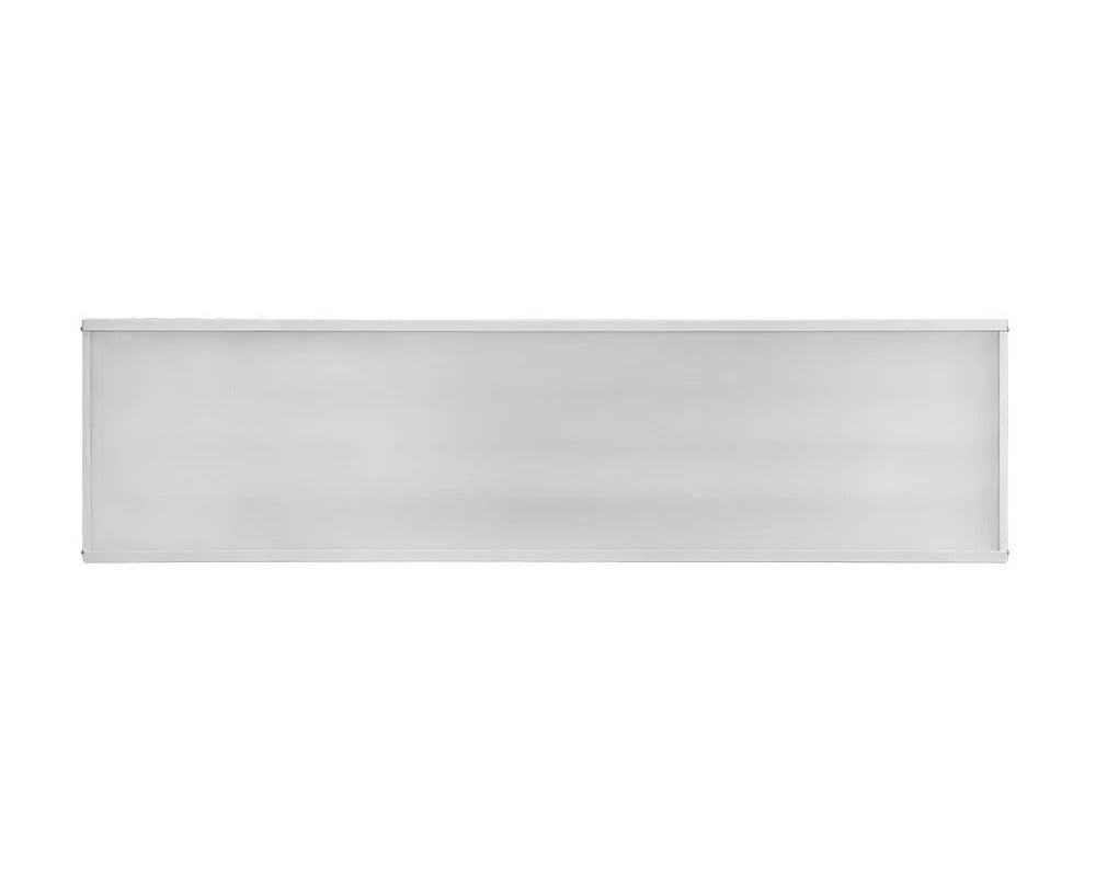 Front view of the 4ft LED linear high bay showing the continuous optical lens/diffuser across the fixture face for wide, uniform distribution; 120–277V input with 0–10V dimming, 180/200/220W selectable delivering 24,300–29,700 lumens with 3500K/4000K/5000K CCT options.