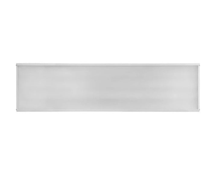 Front view of the 4ft LED linear high bay showing the continuous optical lens/diffuser across the fixture face for wide, uniform distribution; 120–277V input with 0–10V dimming, 180/200/220W selectable delivering 24,300–29,700 lumens with 3500K/4000K/5000K CCT options.