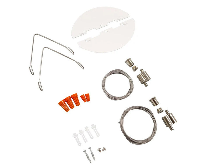 Mounting and wiring accessory set for the 4ft LED strip light showing the included hangers, aircraft cables with connectors, white mounting plates, wire nuts, and anchor/screw set for ceiling install; 25–50W, 3,750–6,500 lm, 3500K–6500K, 0–10V dimming, 120–277V.