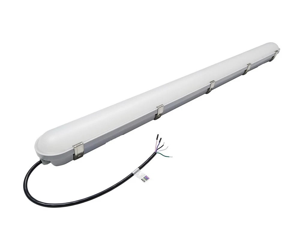 4-foot LED vapor tight fixture with sealed lens and gasketed housing for wet and washdown environments; 120–277V input, 0–10V dimming, 25/30/35/40/50W options (3,250–6,250 lumens) with selectable 3500K/4000K/5000K/5700K/6500K.