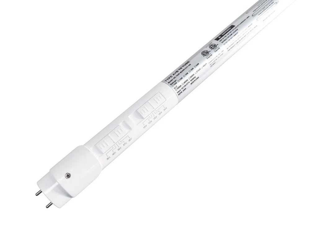 4-foot T8 LED tube lamp with G13 base for linear fixtures, Type A+B operation for ballast-compatible or ballast-bypass installs; 120–277V, 10/12/15/18/24W options (1,500–3,050 lumens) with selectable 3500K/4000K/5000K/5700K/6500K color settings.