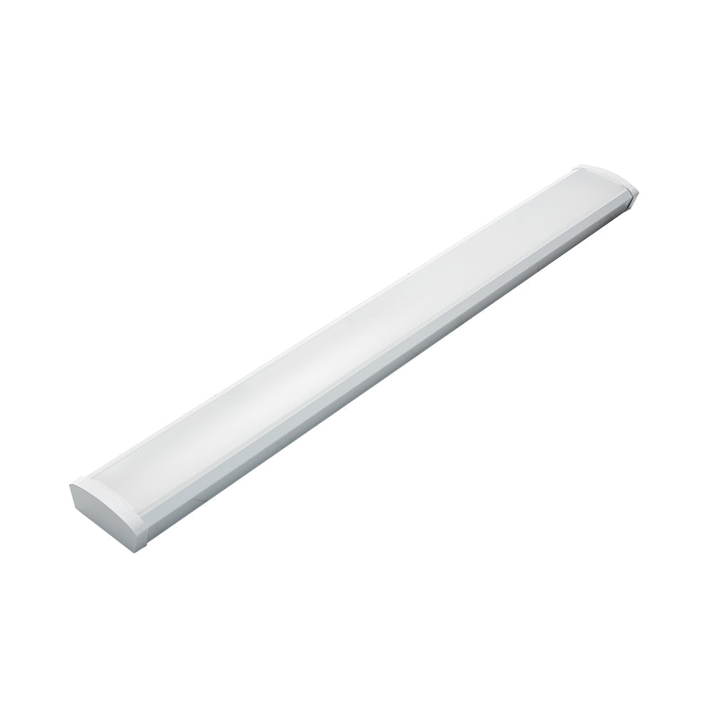 4-foot wrap fixture with diffused lens for uniform light in hallways and utility areas; 120–277V input, 0–10V dimming, 32/40/48W options (3,680–5,520 lumens) with selectable 3500K/4000K/5000K and 82+ CRI.