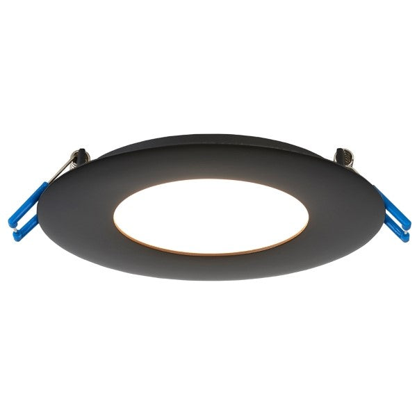 A 4 Inch Canless Recessed Lighting Fixture with a black and blue design. Provides 730 lumens of light output and is only 0.5" in height. Easy installation with attached spring clips. No rough-in can required.
