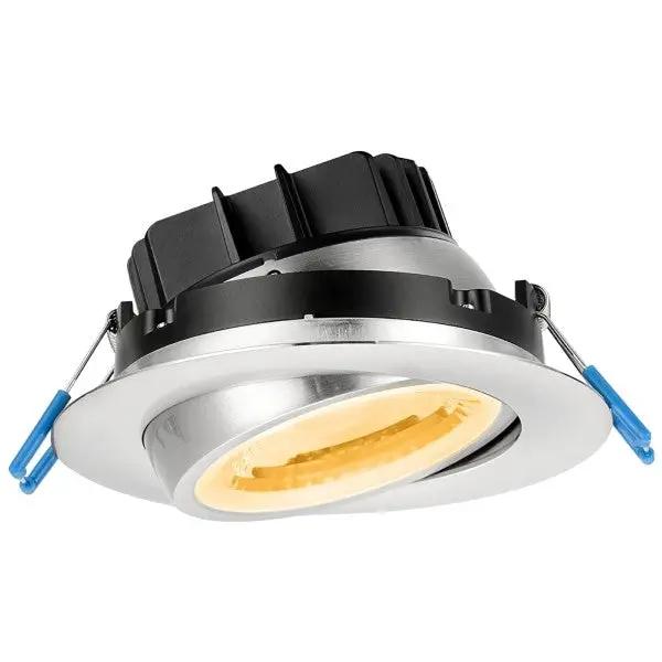 A close-up of the Lotus LED Lights 4 Inch LED Gimbal Recessed Lighting, emitting 1050 lumens of light. Easy installation with no housing required. Perfect for sloped ceilings and highlighting artwork.