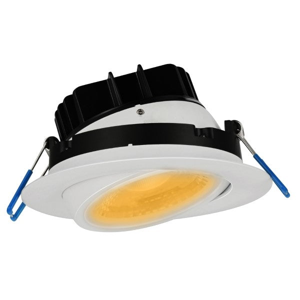 A close-up of the Lotus LED Lights 4 Inch LED Gimbal Recessed Lighting, emitting 1050 lumens of light. Easy installation with no housing required. Perfect for sloped ceilings and highlighting artwork.