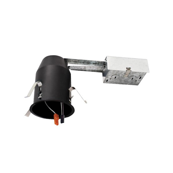 A black metal-framed 4 Inch Remodel Can Light fixture by ELCO Lighting, airtight and thermally protected. LED lamp type, 14 Watts, UL Listed, wet location safety rated. 5-year warranty.