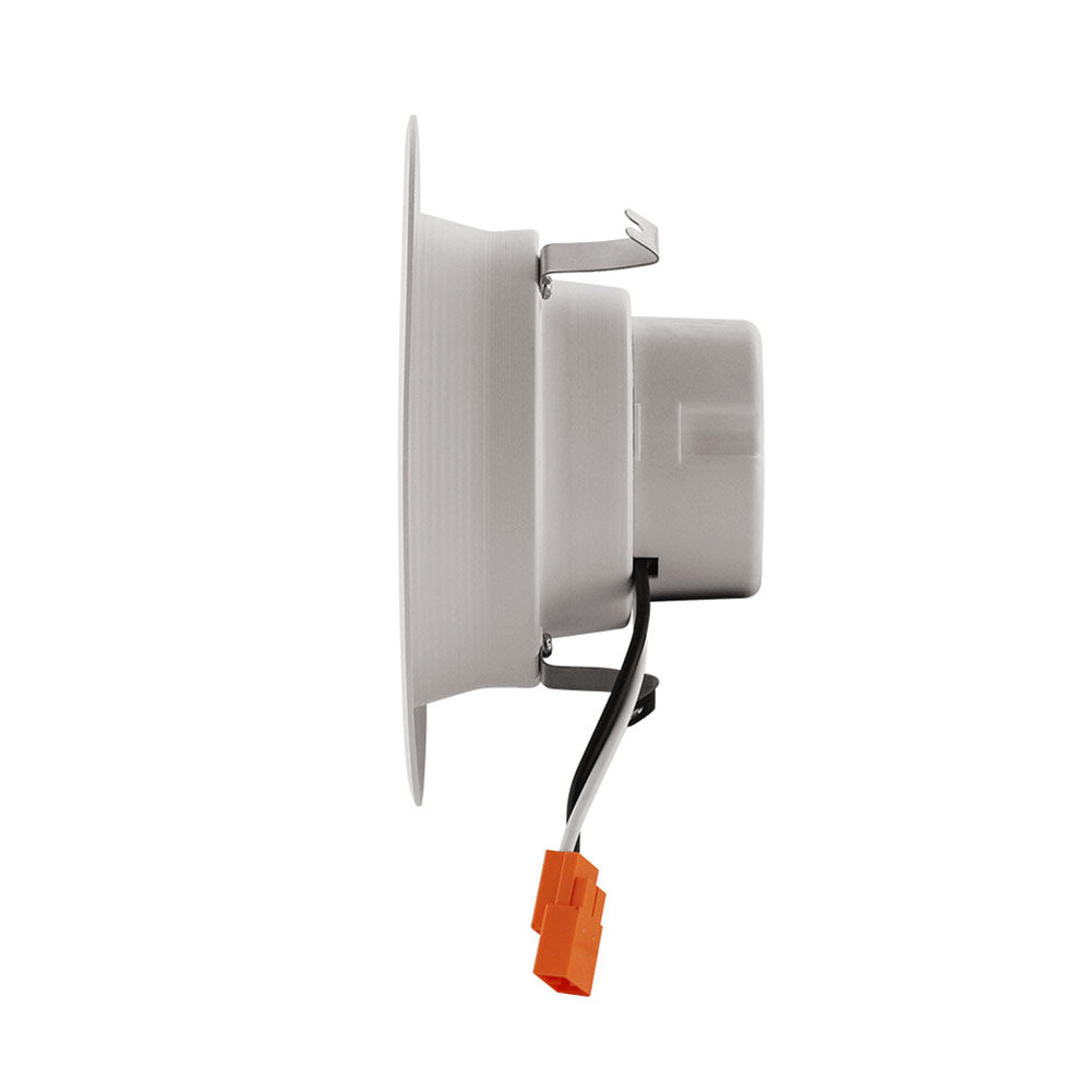 Horizontal side view of the 4-inch LED recessed retrofit conversion kit showing the spring clips, black and white lead wires, and orange quick-connect plug; 13W, 910 lm, 90 CRI, dimmable, 92° beam, CEC compliant, JA8 compliant, Energy Star rated, 120V.
