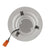 A white round LED recessed lighting retrofit conversion kit with wires and a plastic lid with a black handle. Includes a close-up of plugged-in electrical wiring and a metal piece with a hole in the middle. An orange electrical plug is also visible.