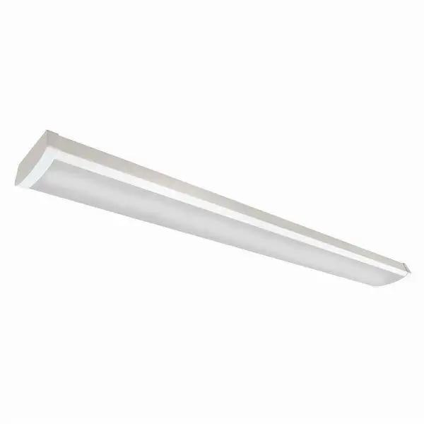 A 4' Wrap Fixture by SLG Lighting, featuring a low-profile design with decorative endcaps and a frosted lens. Provides widespread, uniform 4680 lumens of illumination. Ideal for corridors, hallways, and kitchens.