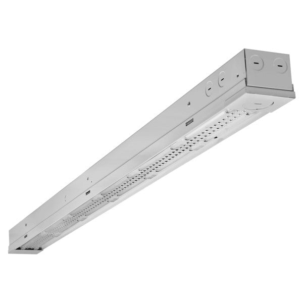 4-foot industrial LED strip light with linear housing for general work lighting; 120–277V input, 40W output (5,450 lumens).