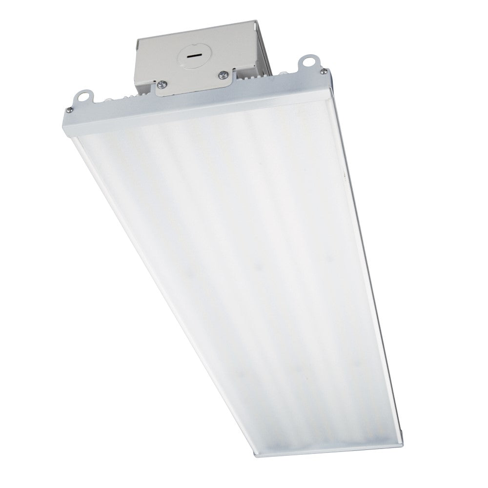4-foot LED high bay fixture with linear housing and frosted diffuser for broad 160° coverage; 120–277V input, 0–10V dimming, 330W output (44,550 lumens) with 80+ CRI.