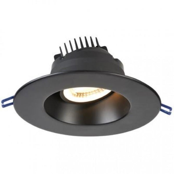 A black gimbal recessed light fixture with a white light, providing 1300 lumens of output. Easy installation with attached spring clips. Perfect for ceilings with a pitch or as decorative recessed lighting. 6" Gimbal Recessed Light by Lotus LED Lights.