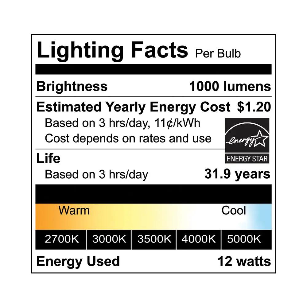 Photo of the Lighting Facts label only for the 6-inch LED wafer light; 12W, 1,000 lm, 2700K/3000K/3500K/4000K/5000K, 80+ CRI, dimmable, 120° beam angle, ENERGY STAR rated, 120V.