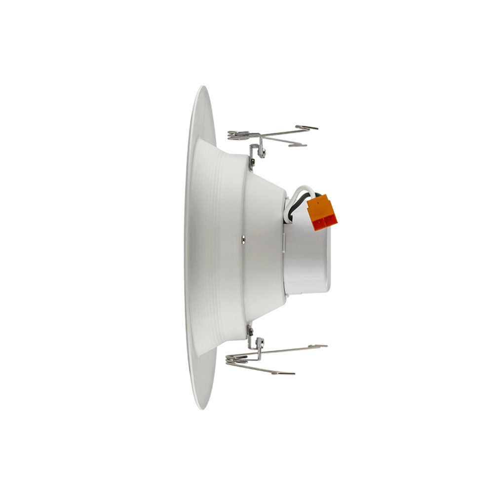 Side profile of the 6-inch LED recessed retrofit conversion kit showing the spring mounting clips, ribbed trim and lens assembly, and the lead wires with orange quick-connect; 12W, 840 lm, 90 CRI, dimmable, 96° beam, CEC compliant, JA8 compliant, Energy Star rated, 120V.